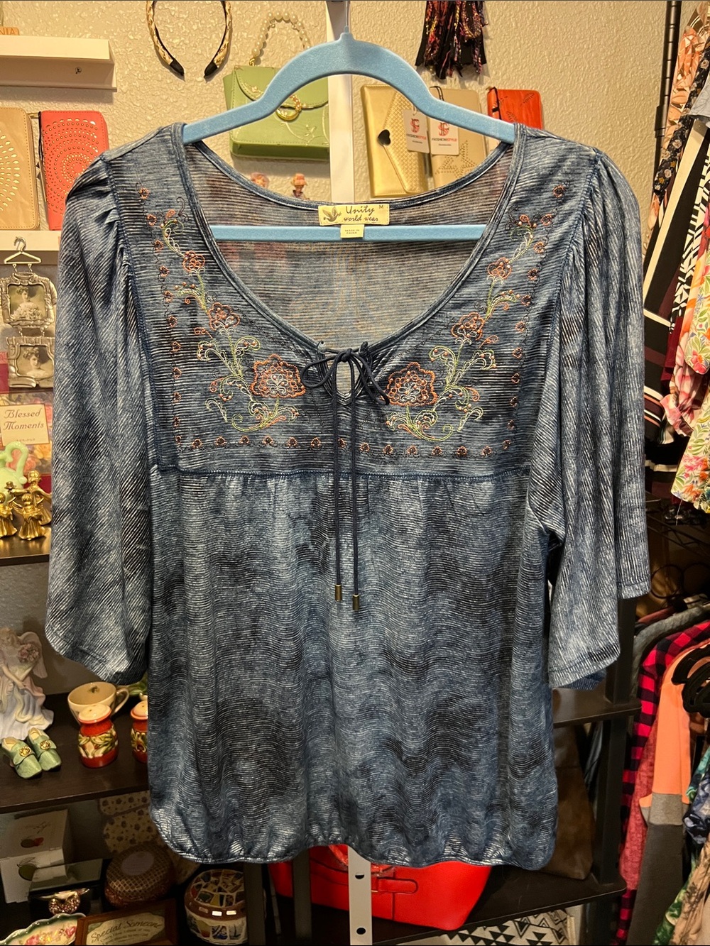 Unity World Wear Blue Embroidered Tie-Front Peasant Top
